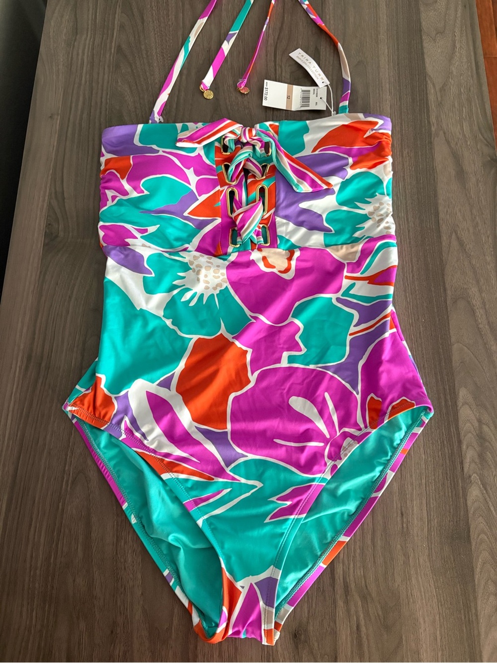 Trina Turk Floral Halter One-Piece Swimsuit in Pink Teal Orange - Picture 9 of 16